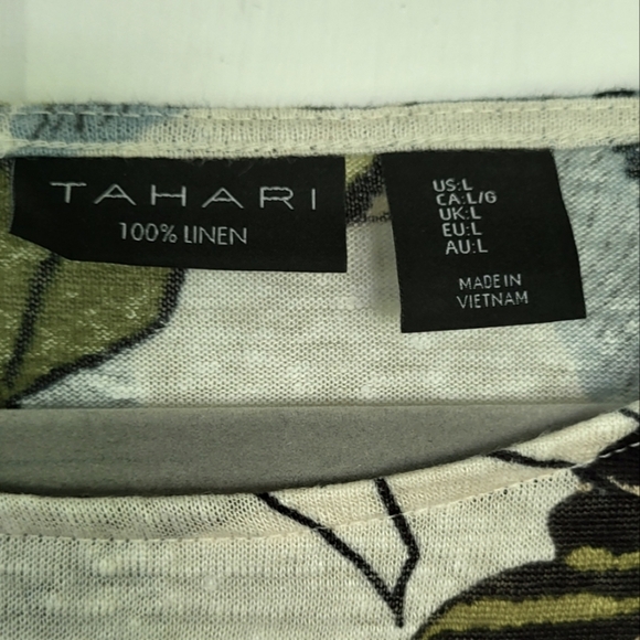 Tahari 100 % Linen Tropical Leaf Button Side Top - Picture 6 of 6